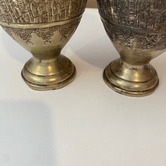 Antique 19th C. Chased Brass Vases Biedermeier Austria Persia 7.5 Set of 2 - Picture 4 of 7